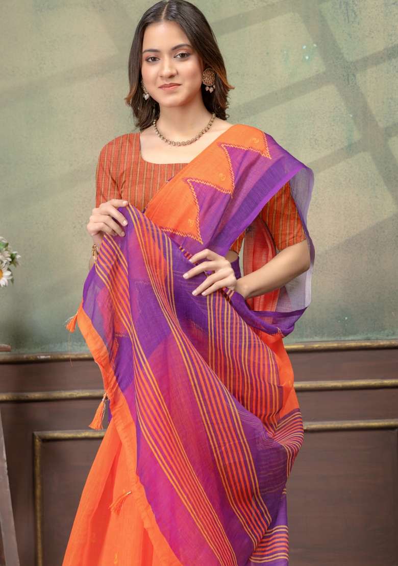 Orange Zari Work Silk Blend Saree Set for Diwali and Festive Wear - Indya