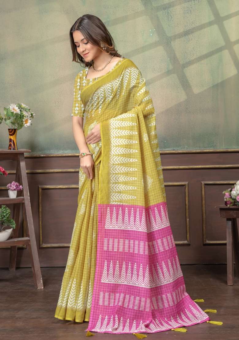 Lemon Zari Work Silk Blend Saree Set for Diwali and Festive Wear - Indya