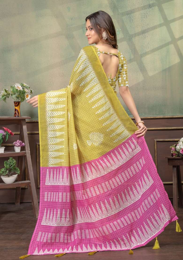 Lemon Zari Work Silk Blend Saree Set for Diwali and Festive Wear - Indya