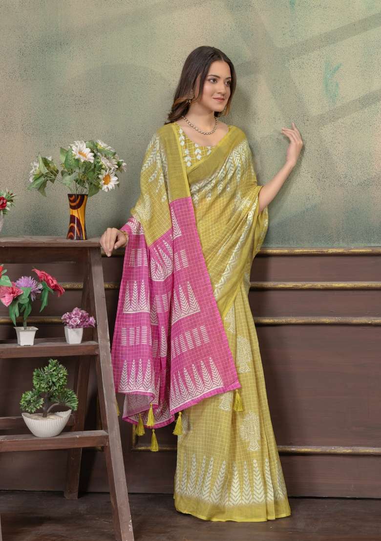 Lemon Zari Work Silk Blend Saree Set for Diwali and Festive Wear - Indya