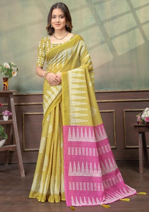 Lemon Zari Work Silk Saree Set — view on Indya