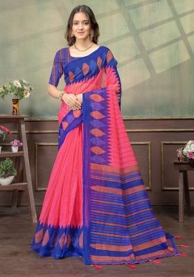 Pink Zari Work Silk Blend Saree Set