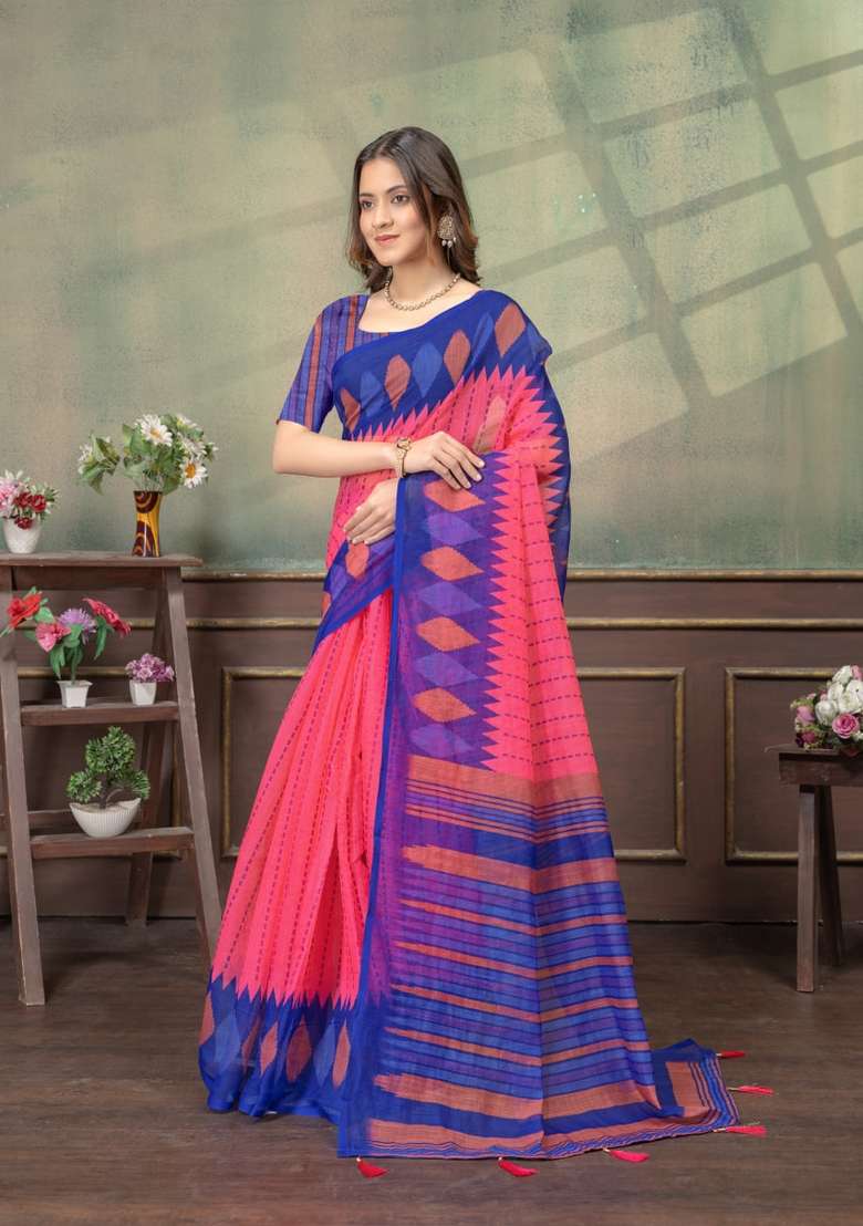 Pink Silk Blend Saree Set with Zari Work for Diwali | Wedding & Festive Wear - Indya