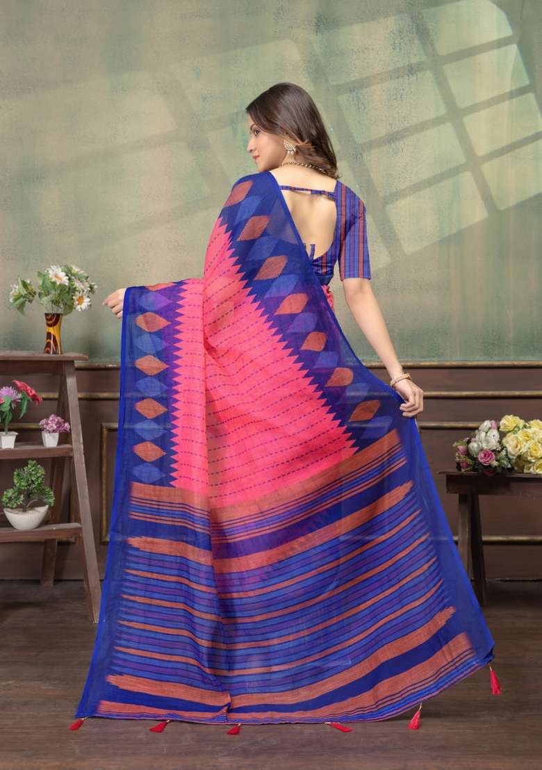 Pink Silk Blend Saree Set with Zari Work for Diwali | Wedding & Festive Wear - Indya