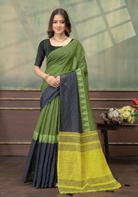 Mehendi Zari Work Silk Blend Saree Set