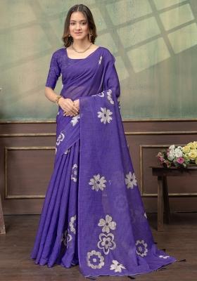 Purple Zari Work Silk Blend Saree Set
