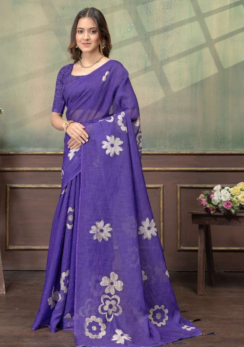 Purple Zari Work Silk Blend Saree Set for Diwali and Festive Wear - Indya