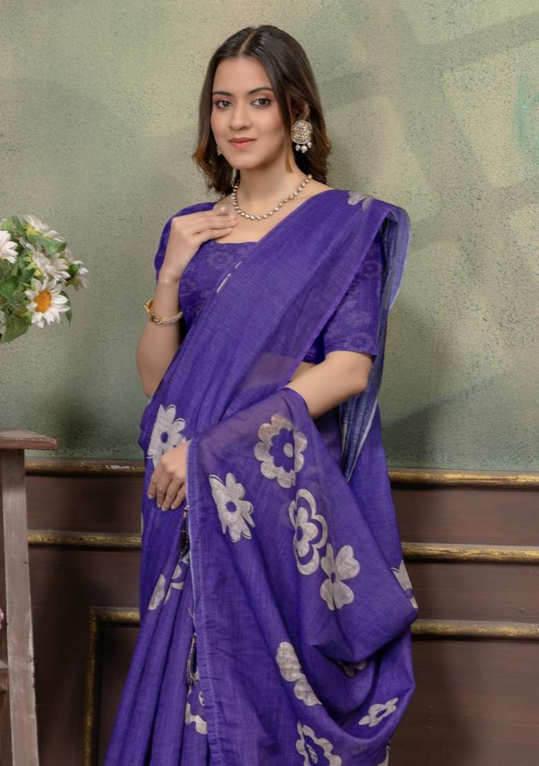 Purple Zari Work Silk Blend Saree Set for Diwali and Festive Wear - Indya