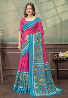 Hot Pink Zari Work Silk Blend Saree Set