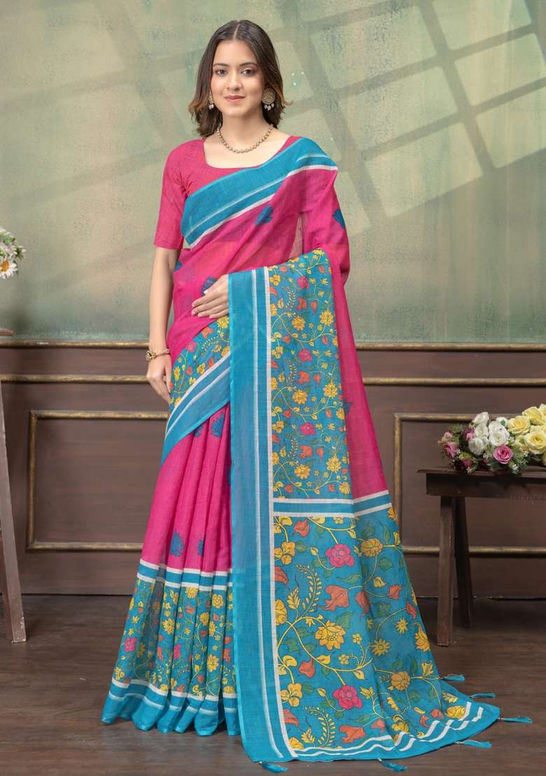 Hot Pink Silk Blend Saree Set with Zari Work for Diwali | Wedding & Festive Wear - Indya