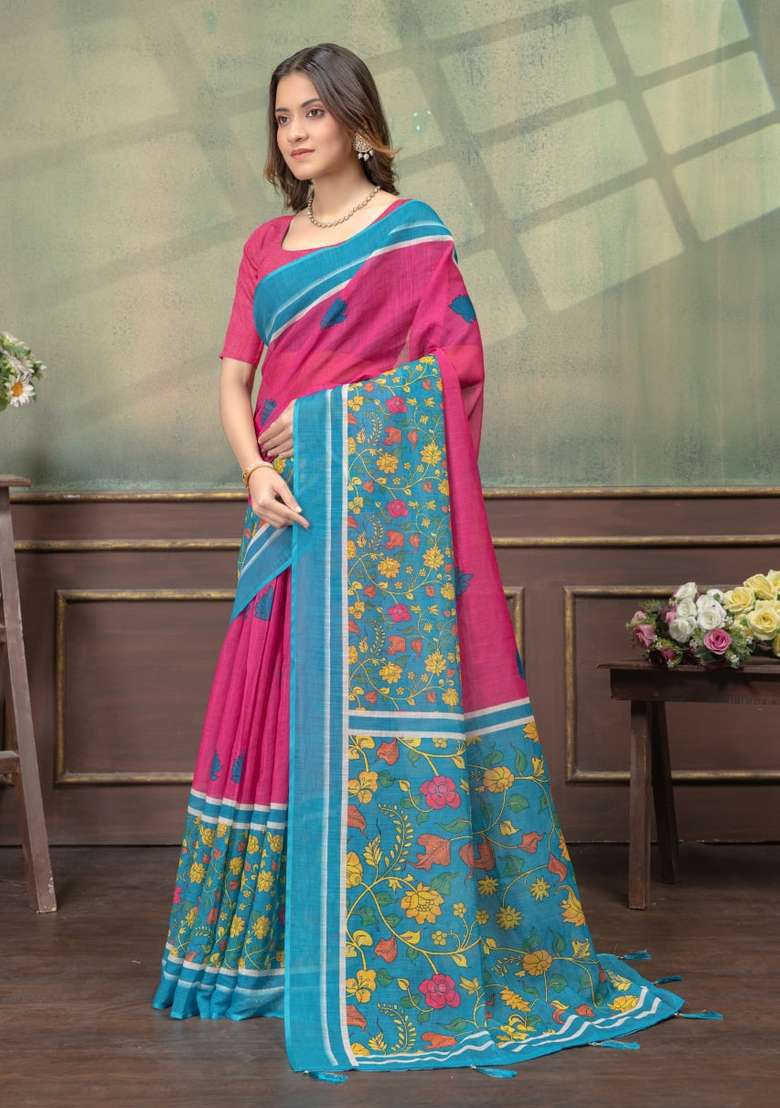 Hot Pink Silk Blend Saree Set with Zari Work for Diwali | Wedding & Festive Wear - Indya