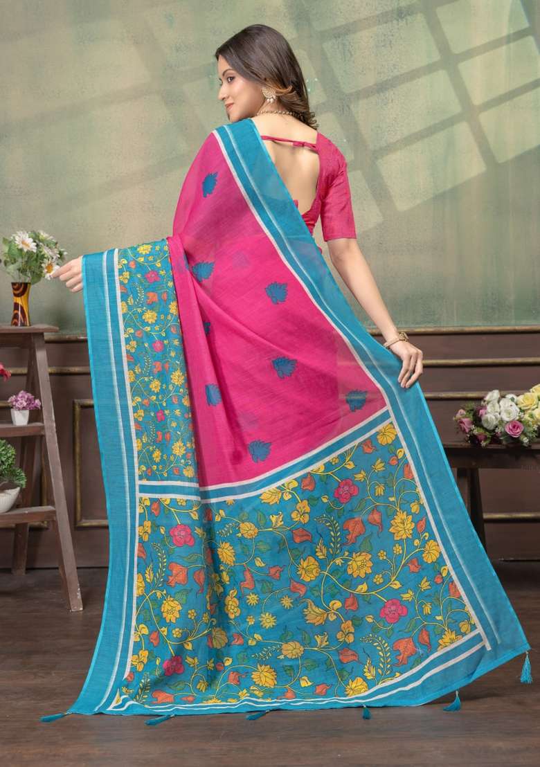 Hot Pink Silk Blend Saree Set with Zari Work for Diwali | Wedding & Festive Wear - Indya