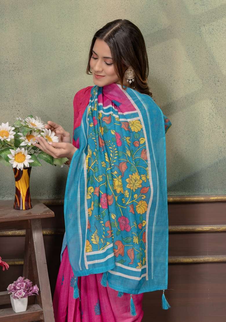 Hot Pink Silk Blend Saree Set with Zari Work for Diwali | Wedding & Festive Wear - Indya