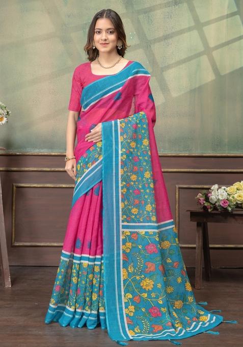 Hot Pink Zari Work Silk Saree Set — view on Indya