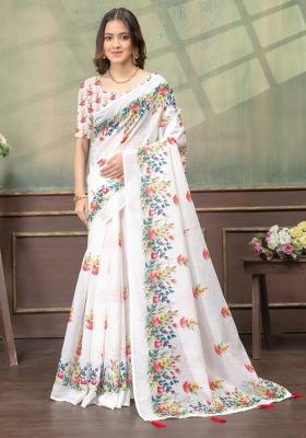White Zari Work Silk Blend Saree Set