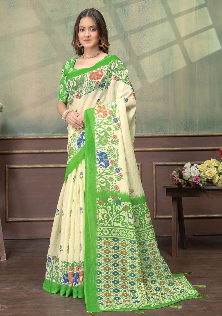 Light Yellow Silk Blend Saree Set with Zari Work for Diwali | Wedding & Festive Wear - Indya