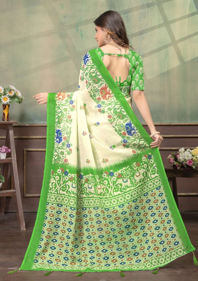 Light Yellow Silk Blend Saree Set with Zari Work for Diwali | Wedding & Festive Wear - Indya