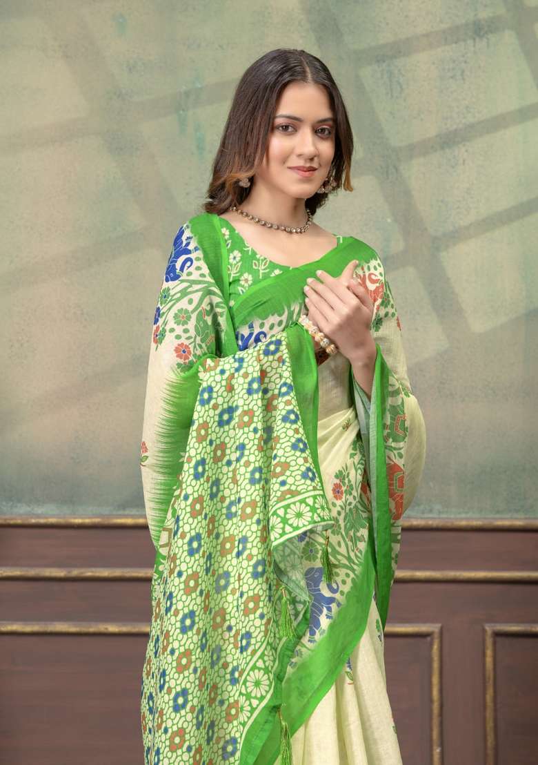 Light Yellow Silk Blend Saree Set with Zari Work for Diwali | Wedding & Festive Wear - Indya