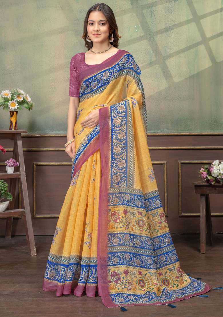 Mustard Zari Work Silk Blend Saree Set for Diwali and Festive Wear - Indya