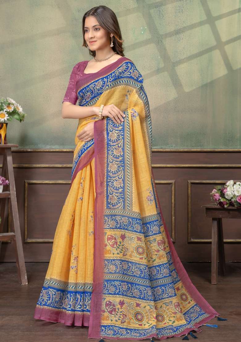 Mustard Zari Work Silk Blend Saree Set for Diwali and Festive Wear - Indya