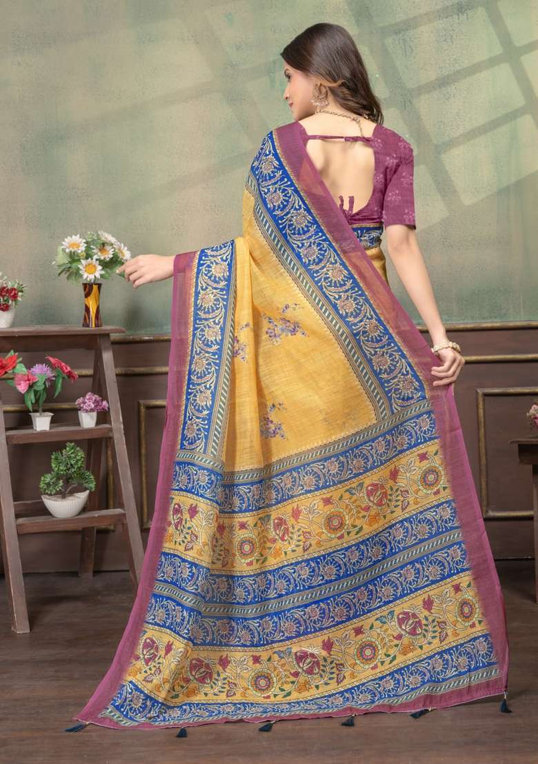 Mustard Zari Work Silk Blend Saree Set for Diwali and Festive Wear - Indya