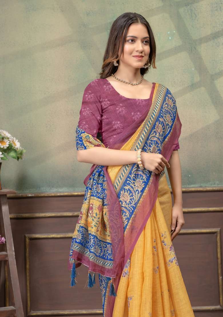 Mustard Zari Work Silk Blend Saree Set for Diwali and Festive Wear - Indya