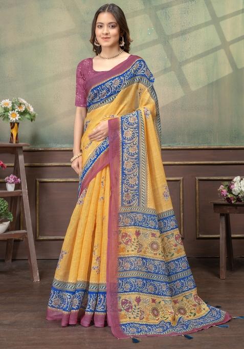 Mustard Zari Work Silk Saree Set — view on Indya