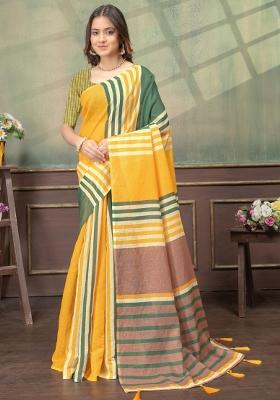 Yellow Zari Work Silk Blend Saree Set