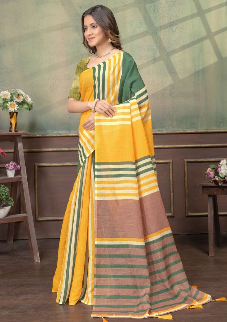 Yellow Zari Work Silk Blend Saree Set for Diwali and Festive Wear - Indya