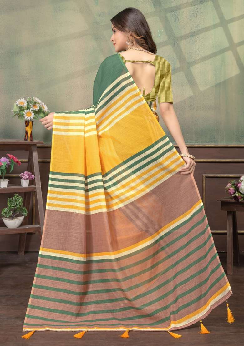 Yellow Zari Work Silk Blend Saree Set for Diwali and Festive Wear - Indya