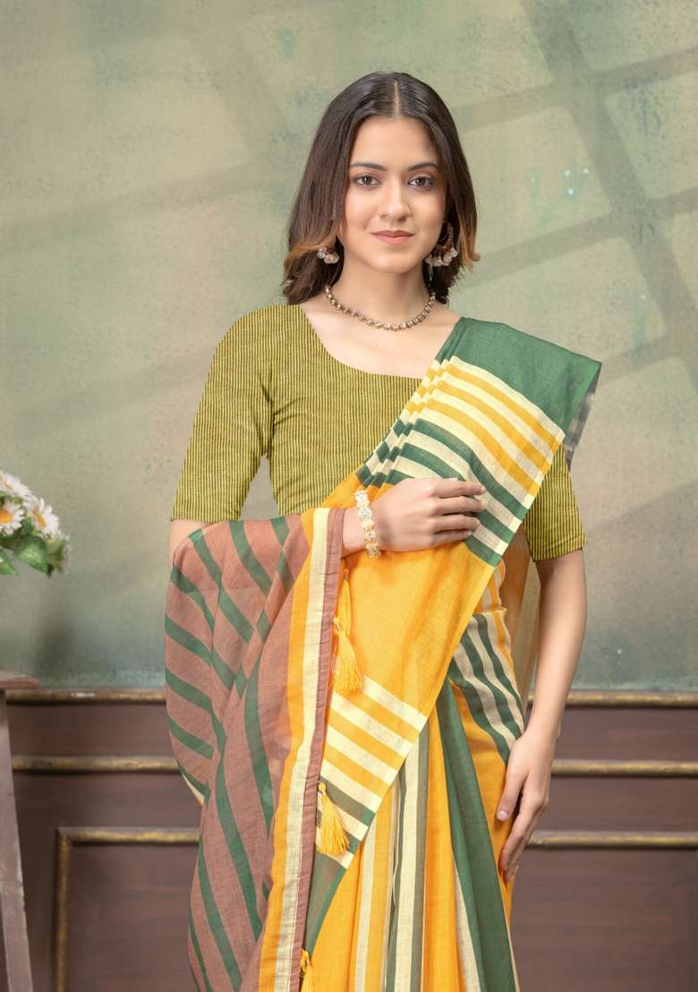 Yellow Zari Work Silk Blend Saree Set for Diwali and Festive Wear - Indya