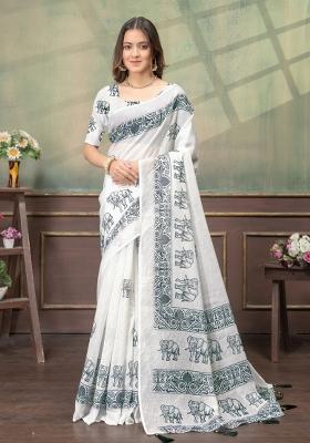 White Zari Work Silk Blend Saree Set