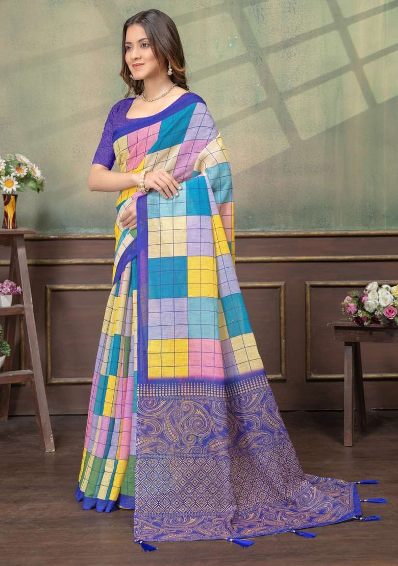 Multicolor Zari Work Silk Blend Saree Set for Diwali and Festive Wear - Indya