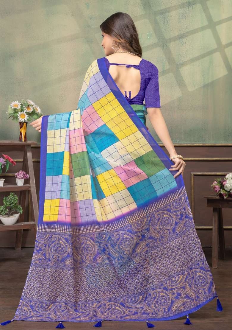 Multicolor Zari Work Silk Blend Saree Set for Diwali and Festive Wear - Indya