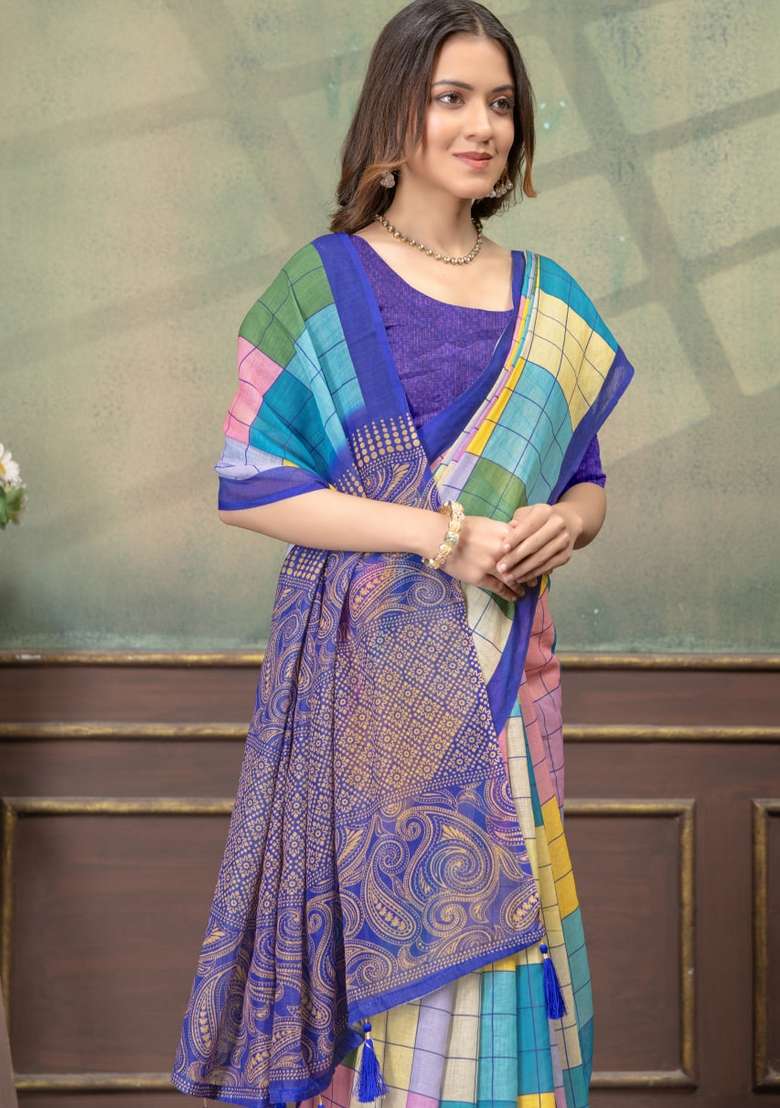 Multicolor Zari Work Silk Blend Saree Set for Diwali and Festive Wear - Indya