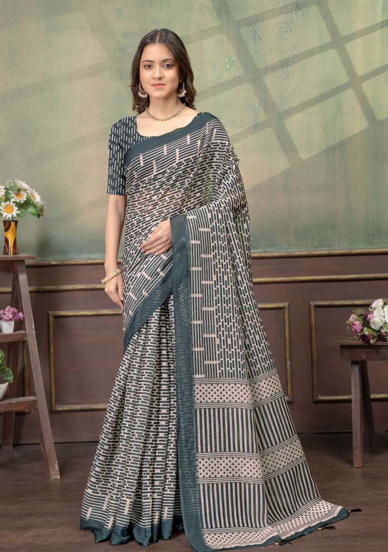 Cream Zari Work Silk Blend Saree Set for Diwali and Festive Wear - Indya