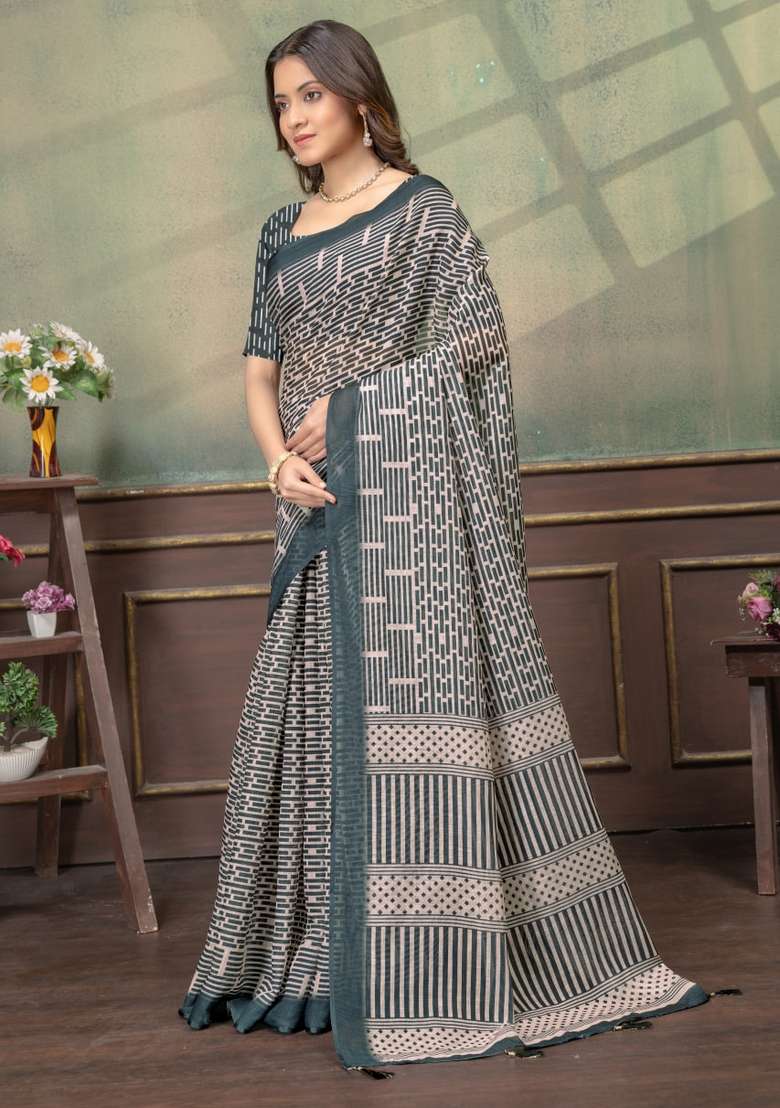 Cream Zari Work Silk Blend Saree Set for Diwali and Festive Wear - Indya