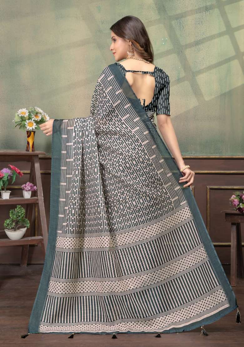 Cream Zari Work Silk Blend Saree Set for Diwali and Festive Wear - Indya