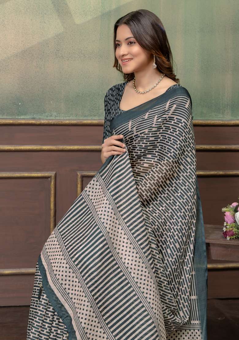 Cream Zari Work Silk Blend Saree Set for Diwali and Festive Wear - Indya