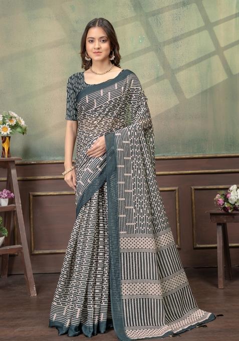 Cream Zari Work Silk Saree Set — view on Indya
