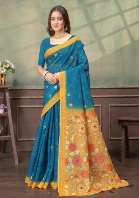 Teal Zari Work Silk Blend Saree Set