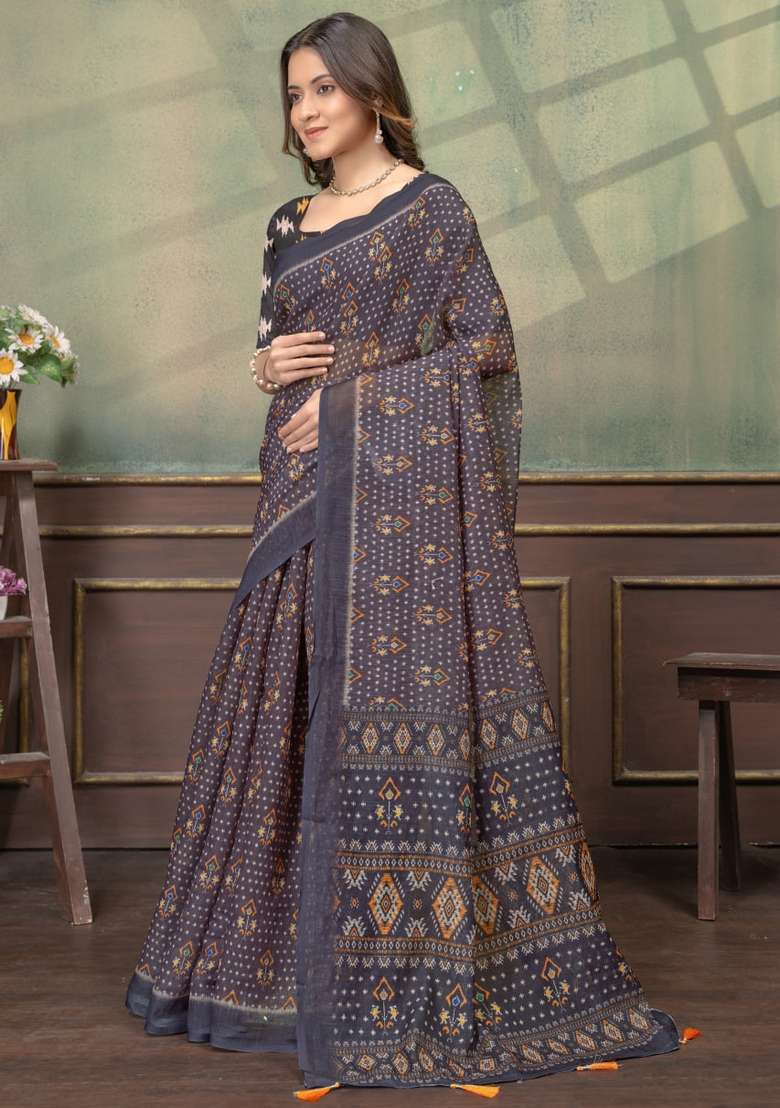 Black Zari Work Silk Blend Saree Set for Diwali and Festive Wear - Indya