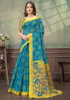 Teal Zari Work Silk Blend Saree Set