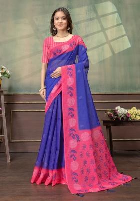 Purple Zari Work Silk Blend Saree Set