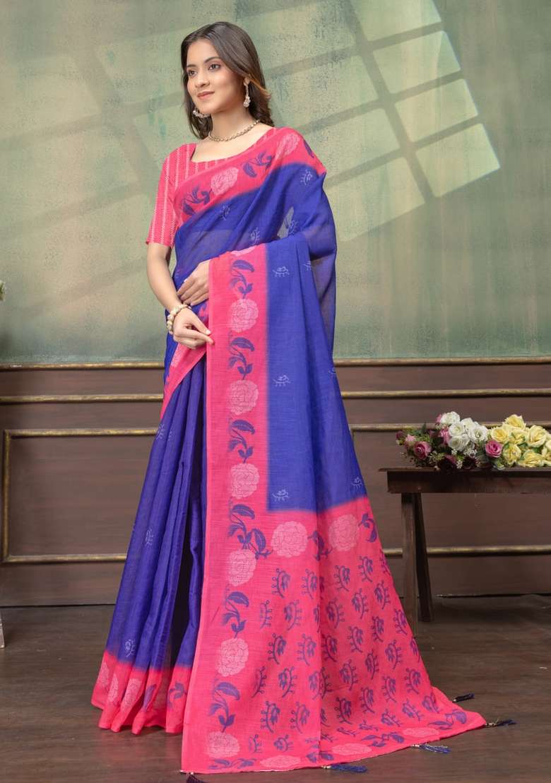 Purple Zari Work Silk Blend Saree Set for Diwali and Festive Wear - Indya