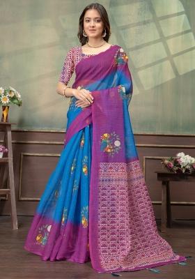 Teal Zari Work Silk Blend Saree Set