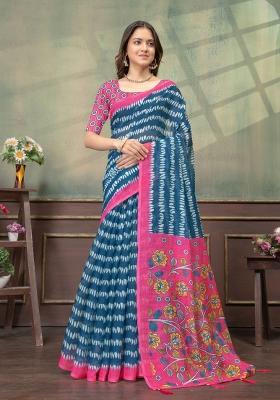 Teal Zari Work Silk Blend Saree Set