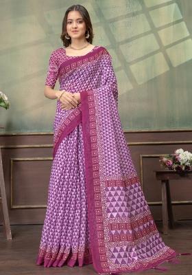 Purple Zari Work Silk Blend Saree Set