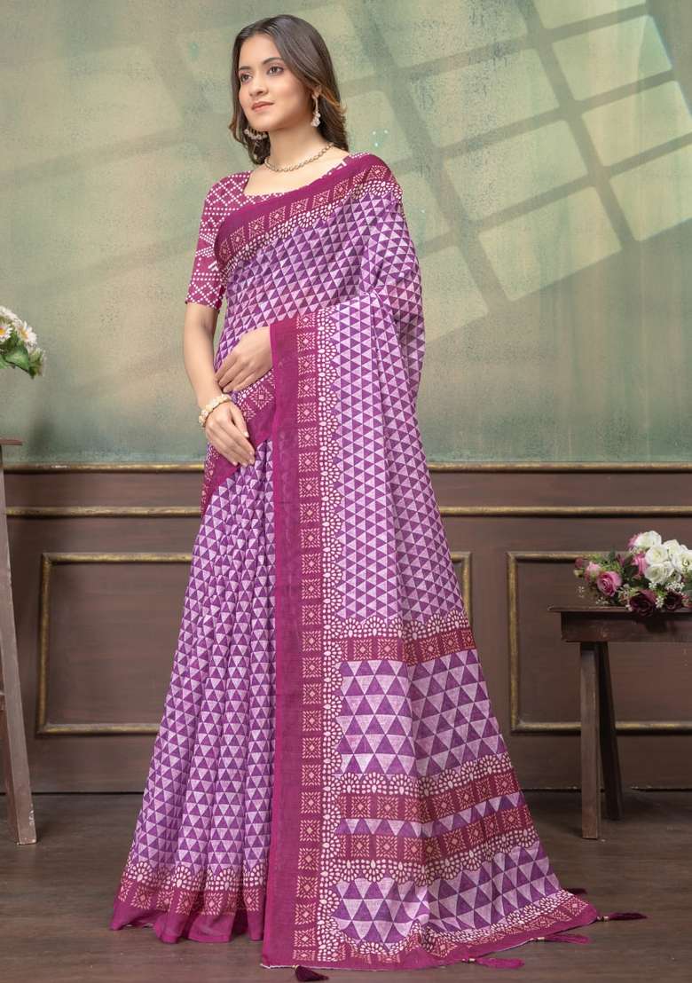 Purple Silk Blend Saree Set with Zari Work for Diwali | Wedding & Festive Wear - Indya