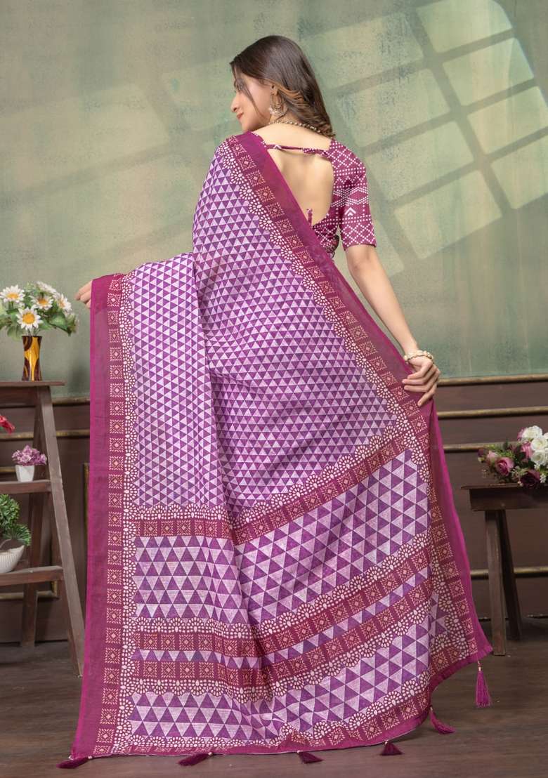 Purple Silk Blend Saree Set with Zari Work for Diwali | Wedding & Festive Wear - Indya